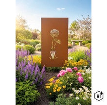 Rechteckiger Sichtschutz aus Metall in Edelrost Optik mit ausgestanztem Blumen Motiv stehend in einem blühenden Garten mit verschiedenen Stauden. (Image AI modified or generated)