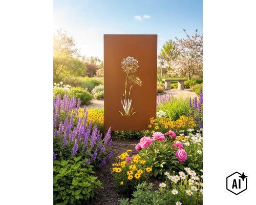 Rechteckiger Sichtschutz aus Metall in Edelrost Optik mit ausgestanztem Blumen Motiv stehend in einem blühenden Garten mit verschiedenen Stauden. (Image AI modified or generated)