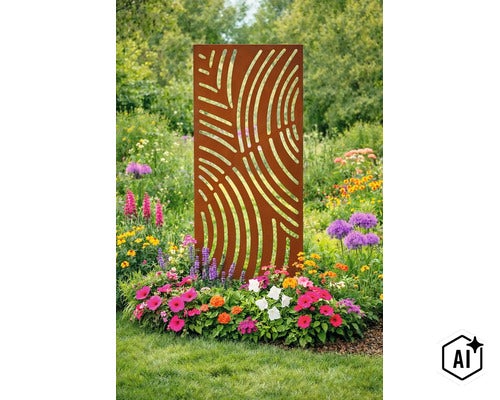 Rechteckiger Sichtschutz aus Metall mit dekorativem Streifenmuster im Garten zwischen Blumenbeeten. (Image AI modified or generated)