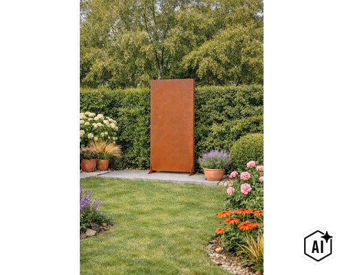 Rechteckiger Sichtschutz aus Cortenstahl steht auf einer Terrasse in einem Garten mit Hecken und blühenden Pflanzen. (Image AI modified or generated)