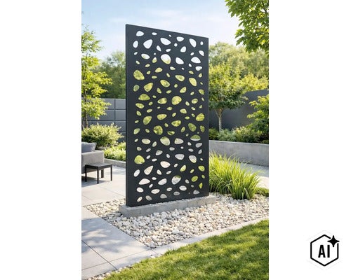 Dekorative Sichtschutzwand aus Metall mit organischem Lochmuster, freistehend auf einem Betonfundament in einem modernen Garten. (Image AI modified or generated)
