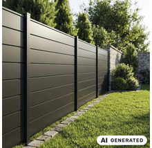 Moderner blickdichter Sichtschutzzaun aus Metall mit horizontalen Lamellen in einem Garten.
