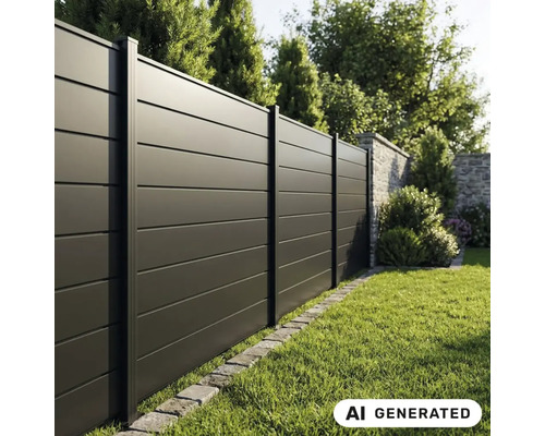 Moderner blickdichter Sichtschutzzaun aus Metall mit horizontalen Lamellen in einem Garten.