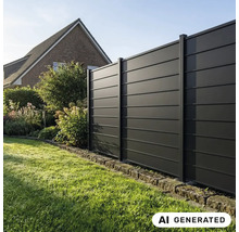 Moderner Sichtschutzzaun aus Metall mit horizontalen Lamellen im Garten vor einem Wohnhaus.