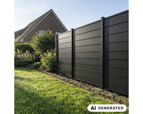 Moderner Sichtschutzzaun aus Metall mit horizontalen Lamellen im Garten vor einem Wohnhaus.
