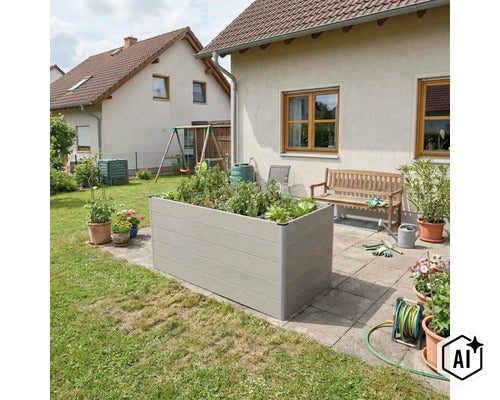 Rechteckiges Hochbeet aus Kunststoff in Holzoptik steht auf einer Steinterrasse in einem Garten mit Wohnhaus, Gartenbank und Pflanzen. (Image AI modified or generated)