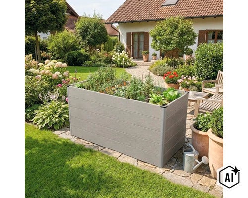 Rechteckiges Hochbeet aus Holzverbundwerkstoff im Garten vor einem Wohnhaus mit gepflasterter Terrasse und üppiger Bepflanzung. (Image AI modified or generated)