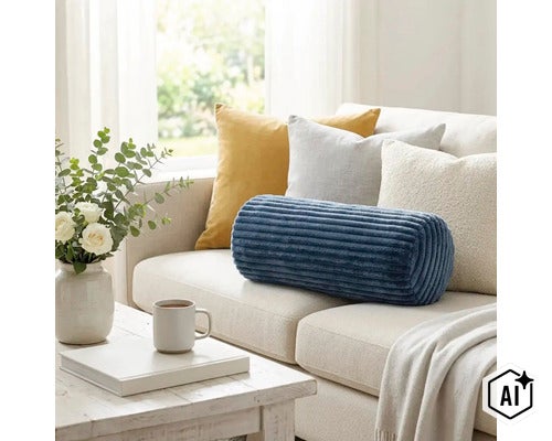 Ein geripptes, zylinderförmiges Sofakissen in Blau auf einem hellen Sofa, ergänzt durch diverse Zierkissen, eine Blumenvase und eine Kaffeetasse. (Image AI modified or generated)