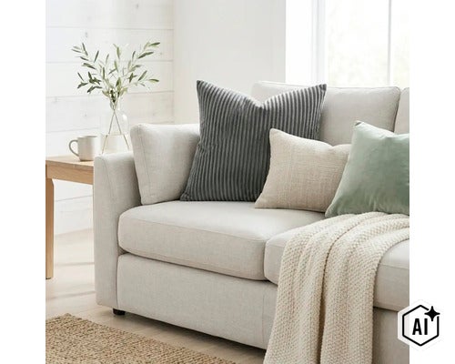 Ein helles Sofa mit Dekokissen in Cordstruktur und Stoffoptik sowie einer Strickdecke in einem Wohnzimmer. (Image AI modified or generated)