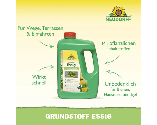 Neudorff Grundstoff Essig Unkrautvernichter in einer 3 Liter Flasche zur Anwendung auf Wegen Terrassen und Einfahrten mit pflanzlichen Inhaltsstoffen.