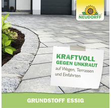 Neudorff Logo mit Hinweis auf Essig als Wirkstoff zur kraftvollen Unkrautbekämpfung auf Gehwegen, Terrassen und Einfahrten.