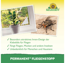 Neudorff Permanent Fliegenstopp Klebefalle an einem Fenster, dazu eine Fliege, Neudorff Logo und Produktvorteile aufgelistet.
