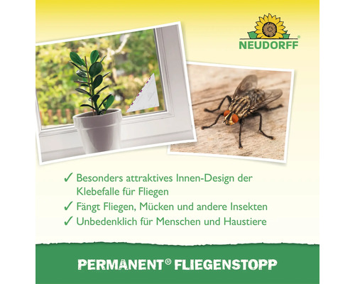 Neudorff Permanent Fliegenstopp Klebefalle an einem Fenster, dazu eine Fliege, Neudorff Logo und Produktvorteile aufgelistet.