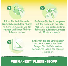 Anleitung zur Montage der Permanent Fliegenstopp Klebefalle für Fenster in drei Schritten als grafische Illustration.