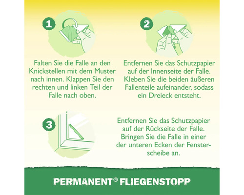 Anleitung zur Montage der Permanent Fliegenstopp Klebefalle für Fenster in drei Schritten als grafische Illustration.