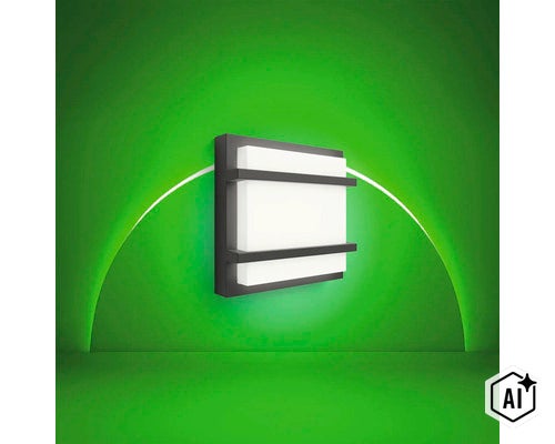 Moderne quadratische Wandleuchte mit dunklem Rahmen und weißem Lichtdiffusor zur Außenbeleuchtung. (Image AI modified or generated)