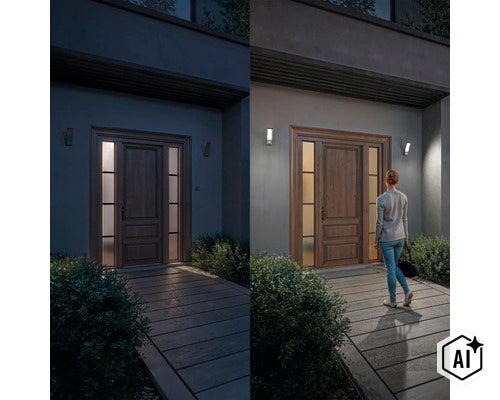 Vergleichsbild einer modernen Außenwandleuchte bei Nacht, links unbeleuchtet und rechts beleuchtet mit Person vor einem Hauseingang. (Image AI modified or generated)