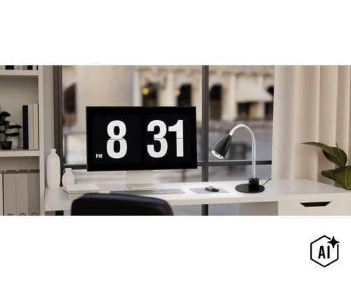 Moderne Schreibtischlampe mit flexiblem Arm auf einem Schreibtisch vor einem Fenster neben einem Computerbildschirm in einem hellen Büro. (Image AI modified or generated)