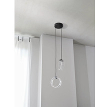 Moderne zweiflammige Pendelleuchte mit zwei ringförmigen Elementen aus Acrylglas an schwarzen Kabeln montiert an der Decke.