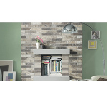 Wohnzimmerwand mit einer Verblendung aus Steinriemchen in Ziegeloptik, kombiniert mit einem Kaminregal voller Bücher und einer modernen Bogenlampe.