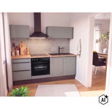 Moderne Einbauküche mit Fronten in matter Optik, Holz-Arbeitsplatte und integrierten Elektrogeräten in einem offenen Wohnbereich. (Image AI modified or generated)