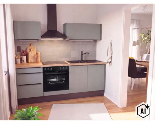 Moderne Einbauküche mit Fronten in matter Optik, Holz-Arbeitsplatte und integrierten Elektrogeräten in einem offenen Wohnbereich. (Image AI modified or generated)