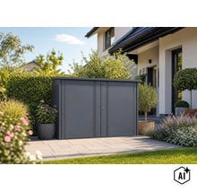 Moderne Metall Mülltonnenbox in einem Garten auf einer gepflasterten Terrasse vor einem Wohnhaus. (Image AI modified or generated)