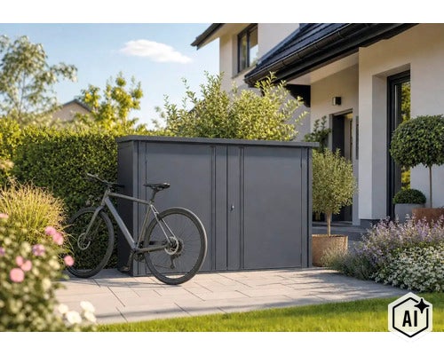 Eine Fahrradbox aus Metall steht auf einer Terrasse vor einem Wohnhaus, daneben steht ein Fahrrad. (Image AI modified or generated)