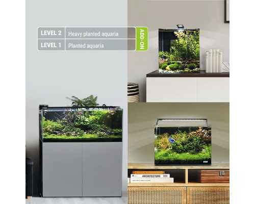 Verschiedene bepflanzte Aquarien in verschiedenen Einrichtungsstilen mit LED Beleuchtung auf Schränken präsentiert.