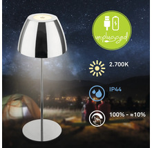 LED Tischleuchte für den Außenbereich mit Akku und USB Anschluss, Schutzart IP44, warmweißes Licht 2700 Kelvin und stufenlose Dimmfunktion.