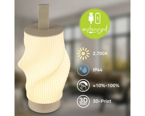 Tragbare LED Tischleuchte aus dem 3D Drucker mit Akku, USB Ladeanschluss, 2700 Kelvin Lichtfarbe, Schutzart IP44 und stufenloser Dimmfunktion.