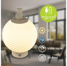 Tragbare LED Tischleuchte mit Akku, warmweißes Licht mit 2700 Kelvin, dimmbar, Schutzart IP44 für Innen und Außen, 3D Druck Design.