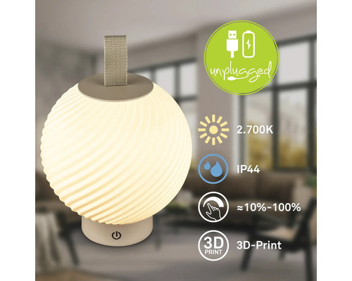 Tragbare LED Tischleuchte mit Akku, warmweißes Licht mit 2700 Kelvin, dimmbar, Schutzart IP44 für Innen und Außen, 3D Druck Design.