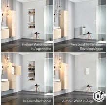 Vier Anwendungsbeispiele für die Montage eines Durchlauferhitzers in einem modernen Badezimmer, unterteilt in verschiedene Einbausituationen. (Image AI modified or generated)