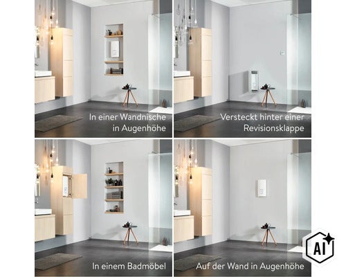 Vier Anwendungsbeispiele für die Montage eines Durchlauferhitzers in einem modernen Badezimmer, unterteilt in verschiedene Einbausituationen. (Image AI modified or generated)