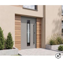 Moderne Haustür mit vertikalem Lichtausschnitt und Holzverkleidung im Eingangsbereich eines Wohnhauses. (Image AI modified or generated)