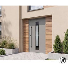 Moderne Hauseingangstür mit schmalem Glaseinsatz, langem Stoßgriff und seitlicher Holzverkleidung im Eingangsbereich eines Wohnhauses. (Image AI modified or generated)