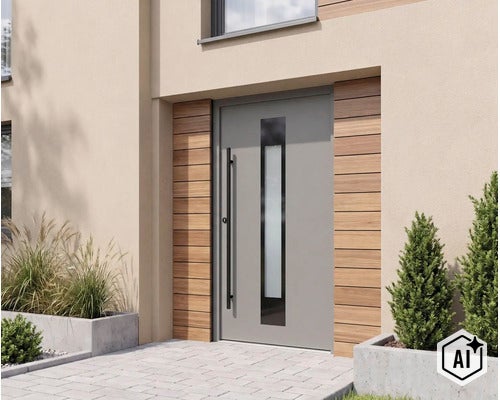 Moderne Hauseingangstür mit schmalem Glaseinsatz, langem Stoßgriff und seitlicher Holzverkleidung im Eingangsbereich eines Wohnhauses. (Image AI modified or generated)