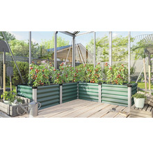 Grünes Hochbeet aus Metall in einem Gewächshaus mit angebauten Tomatenpflanzen auf einer Holzterrasse.