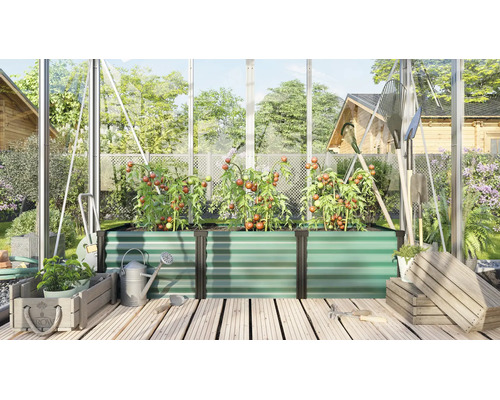 Rechteckiges Hochbeet aus Metall in einem Gewächshaus mit Tomatenpflanzen, Gartenwerkzeugen und Holzkisten auf einem Holzdeck.