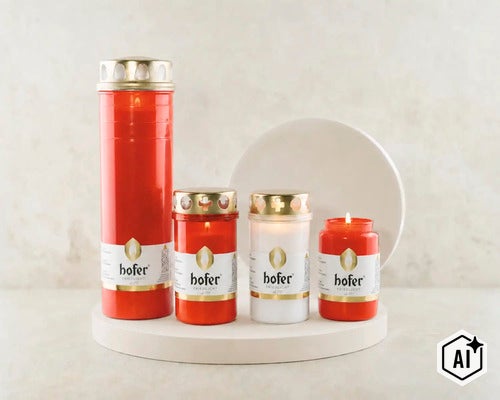 Set aus vier verschiedenen Hofer Friedlichtern in unterschiedlichen Größen mit goldfarbenem Deckel auf einem runden Podest. (Image AI modified or generated)