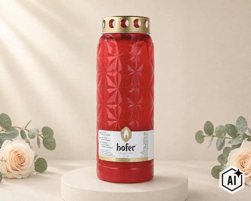 Hofer Friedlicht Grabkerze in rotem Kunststoffgehäuse mit Golddeckel und Blumenverzierung. (Image AI modified or generated)