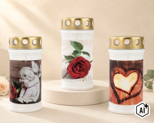 Drei Grablichter mit Motivaufdruck, Engel, Rose und Herz, mit goldenem Deckel. (Image AI modified or generated)