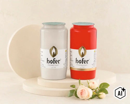 Zwei Hofer Friedlicht Grabkerzen in weiß und rot auf runden Podesten mit Rosenblüten dekoriert. (Image AI modified or generated)