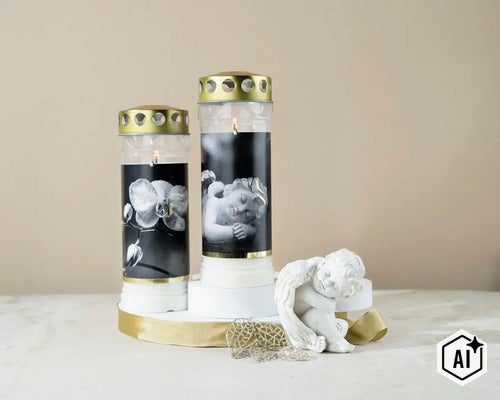 Zwei Grablichter mit Motivaufdruck in verschiedenen Größen und eine kleine Engelsfigur als Grabdekoration. (Image AI modified or generated)