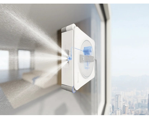 Ecovacs Fensterputzroboter beim Reinigen einer Fensterscheibe mit Sprühfunktion