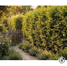 Ein sonniger Gartenpfad führt vorbei an einer dichten Hecke zu einem kleinen Holztor in einer grünen Gartenumgebung. (Image AI modified or generated)