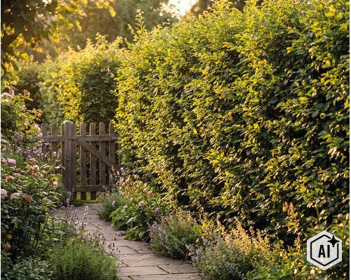 Ein sonniger Gartenpfad führt vorbei an einer dichten Hecke zu einem kleinen Holztor in einer grünen Gartenumgebung. (Image AI modified or generated)