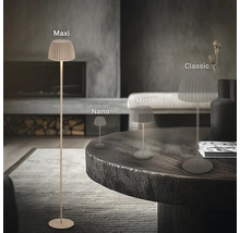 Verschiedene Modelle der Leuchte in Größen Maxi, Nano, Mini und Classic in einem modern eingerichteten Wohnraum mit Kamin.