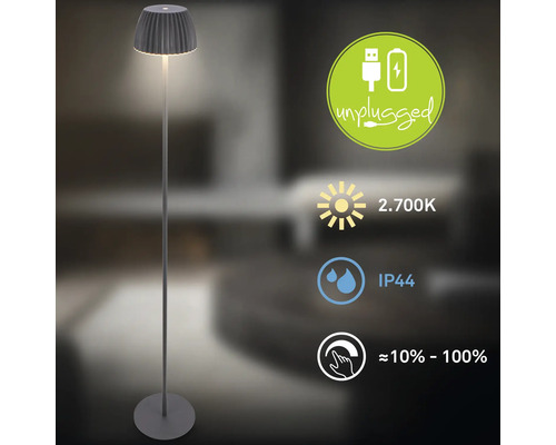 Moderne Stehleuchte mit Akkubetrieb, 2700 Kelvin warmweißem Licht, Schutzart IP44 und stufenloser Dimmfunktion von 10 bis 100 Prozent.